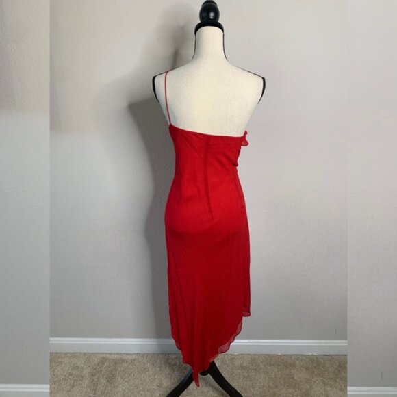Express Red Silk One Shoulder Asymmetrical Cocktail Midi Dress - Picture 6 of 14